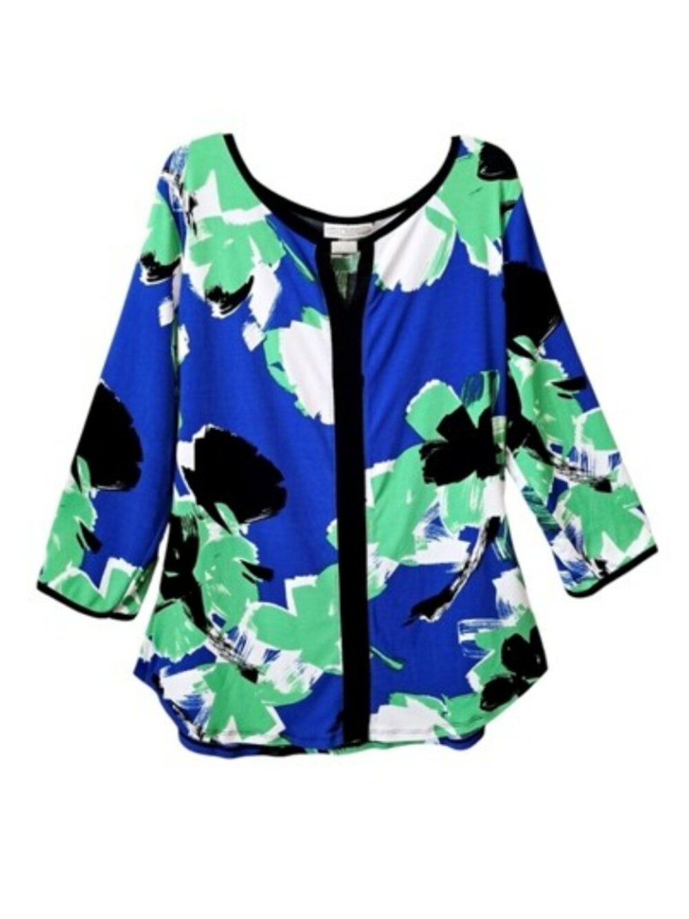 Dana Buchman Women's Blouse Size XL Blue Green Abstract Floral 3/4 Sleeves Euro